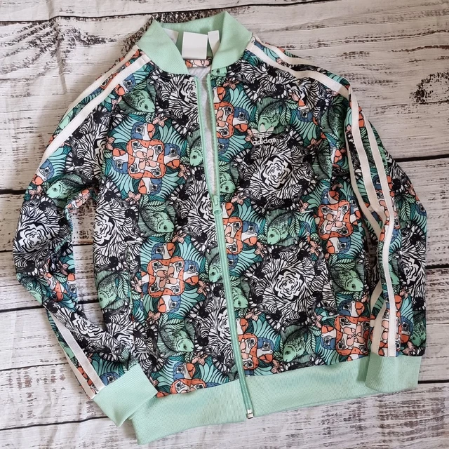 Giacca top tuta da ginnastica Adidas verde stampa zoo designer età 7/8 anni