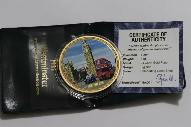 UK GB 50mm GOLD PLATED MEDAL BIG BEN + COA B40 CP12