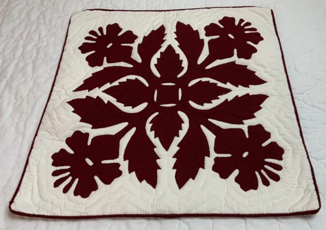 Vintage Appliquéd Pillow Cover, Hawaiian Floral, White, Burgundy, Hand Quilted