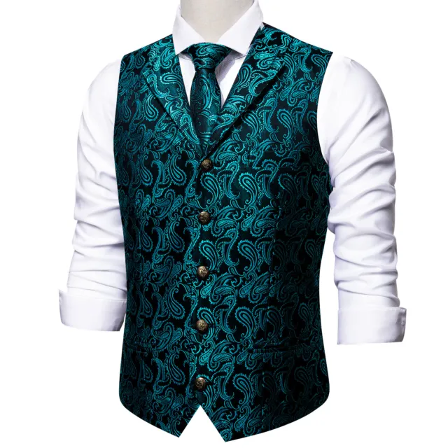 Gilet senza maniche da uomo cappotto verde acqua paisley seta jacquard set cravatta risvolto gilet
