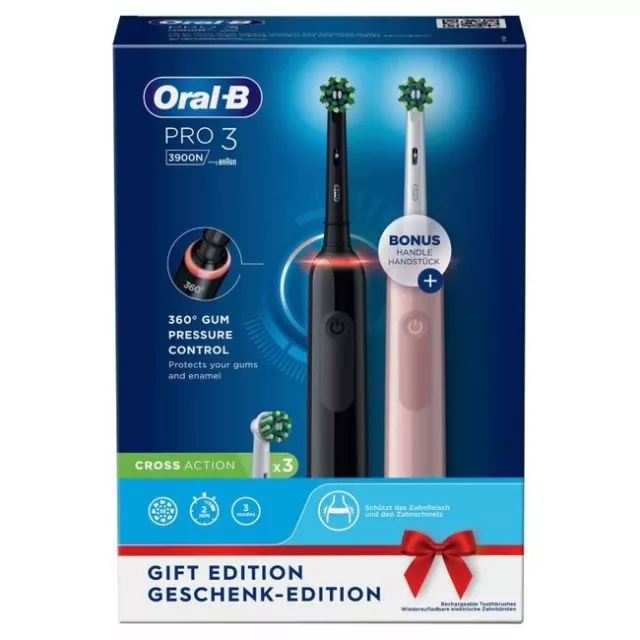 Oral-B Pro 3 3900 Elektrische Zahnbürste - Black/Pink, 2 Stück 3