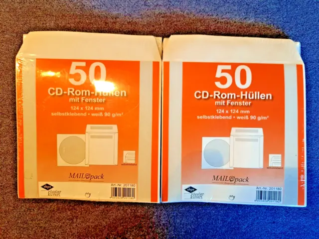 2 x 50 pezzi custodie CD-ROM con finestra - 124x124 mm - autoadesive/bianche - IMBALLO ORIGINALE