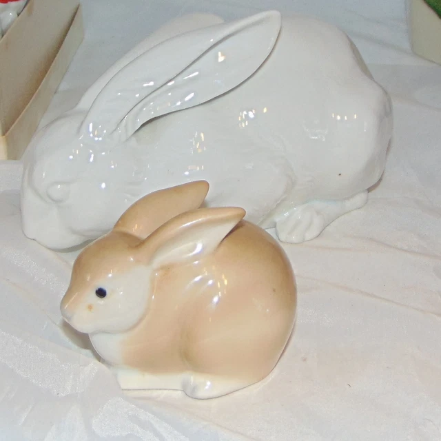 2 Vintage Bunny Rabbit Figurines- Large & Small  Lying Japan Ceramic