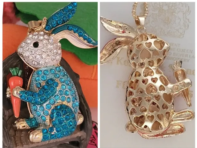 ORIGINAL FULL 3D BACK Betsey Johnson Easter Bunny Necklace PENDANT CARROT BLUE