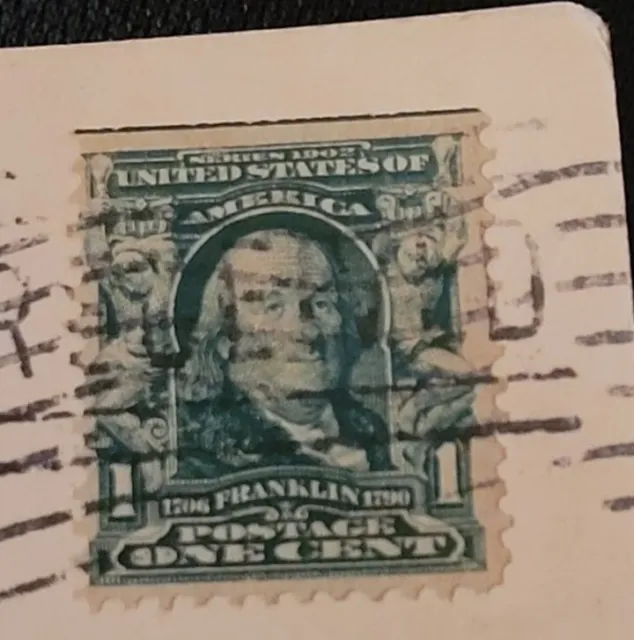 BEN FRANKLIN US Postage 1 Cent Stamp-Green RARE 1908  On Post Card