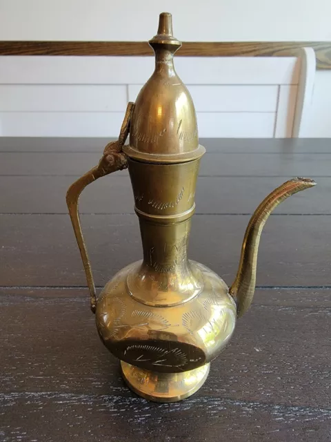 Vintage Ornate Etched Solid Brass Teapot Genie Lamp Pitcher Made in India