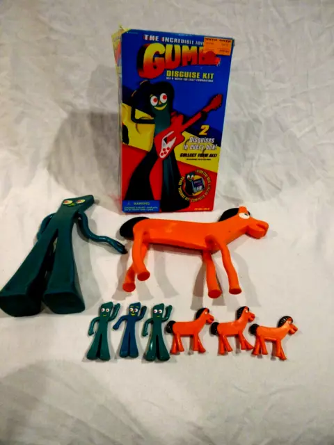 Gumby & Pokey Lot 2-9" & 6-3" Bendables & Gumby Disguise Kit in Original Box