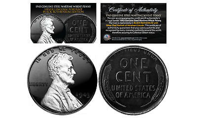 1943 BLACK RUTHENIUM Genuine Steel Wartime Wheat Penny Coin with SILVER LINCOLN