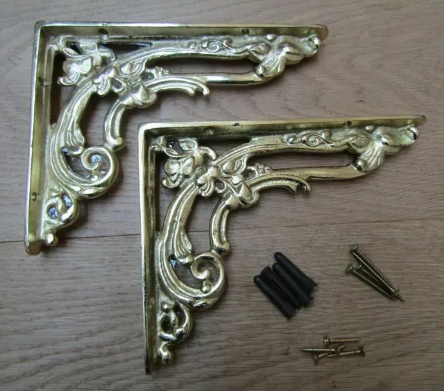 Pair of 8" BRASS FLORAL cast iron shelf wall brackets vintage old style