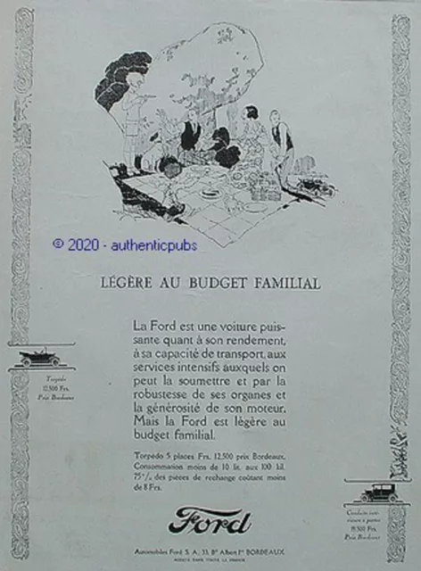 Publicite Ford Automobile Torpedo Famille Signe Rene Vincent De 1925 French Ad