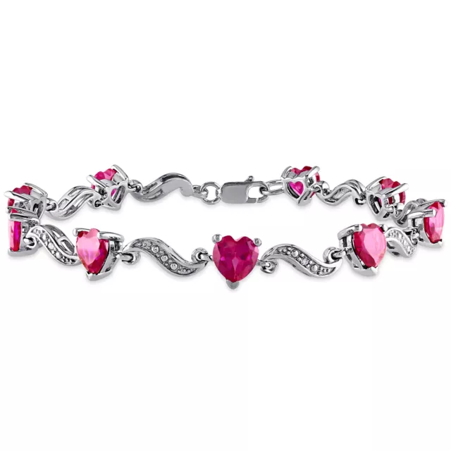 Amour Sterling Silver 5 CT TGW Created Ruby 0.02 CT TW Diamond Heart Bracelet