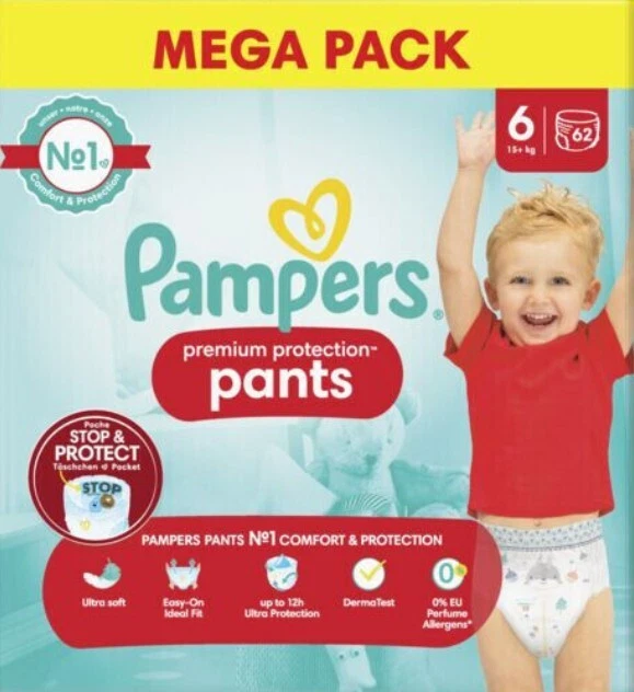 Méga Pack 62 Couches Culottes PAMPERS " Premium Protection " Taille 6 (13+ KG) 