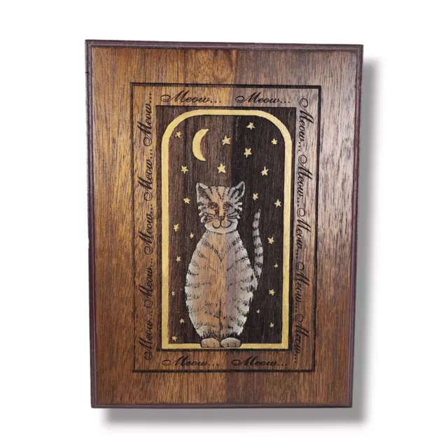 Handmade Wood Plaque Cat Lady Meow Tabby Tiger Kitty Stars & Moon Celestial Art