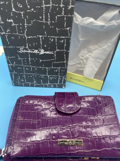 Samantha Brown Signed Purple Leather Croc Embossed Wallet Clutch Strap/Box/NEW