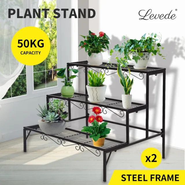 Levede 2x Plant Stands Outdoor Indoor Garden Metal 3 Tier Planter Corner Shelf