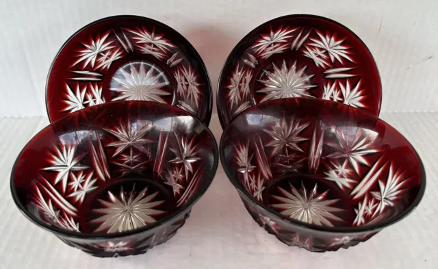 Bohemian Glass Ruby Red Cut To Clear Crystal Bowls 4 1/2” Set Of 4