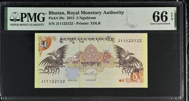 Bhutan 5 Ngultrum 2015 P 28 c Nice # 11122122 Gem UNC PMG 66 EPQ