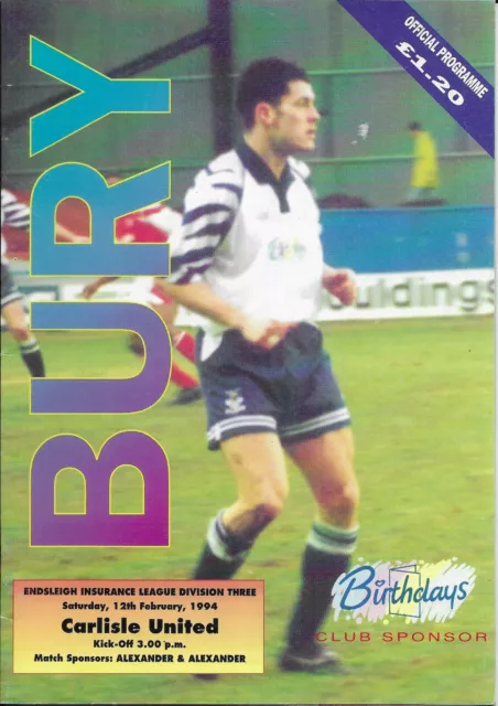 Bury V Carlisle United 12-2-1994 Division 3 Match Programme 1993-94
