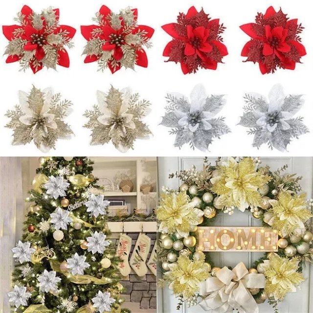 10X Large 14cm Poinsettia Glitter Flower Tree Hanging Party Xmas Decor Gifts UK