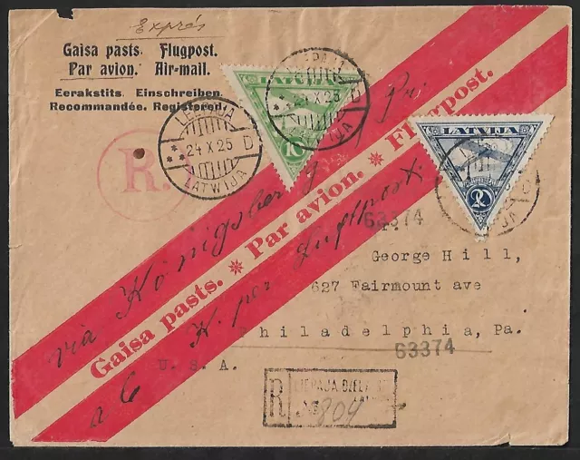 Latvia Liepaja To Us Air Mail Express Registered Triangle Stamps On Cover 1925