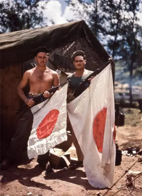 COLOR WWII  Photo US Soldiers Pose with Captured Japanese Flag  WW2 / 1150