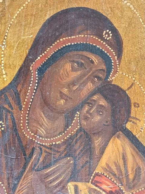 Belle Icone De La Vierge A L'enfant Peinte A La Main  / Grece / Byzance / Xxe 2