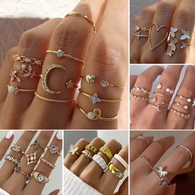 8PCS SET BOHO RINGS Butterfly Flower Crystal Moon Finger Knuckle