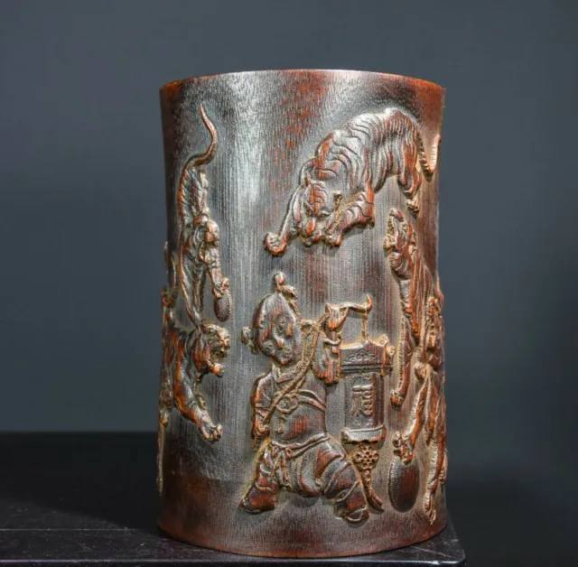 Exquisite Old Chinese bamboo handcarved Five Tigers jar pots Pen holder 1547