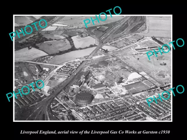 OLD POSTCARD SIZE PHOTO LIVERPOOL ENGLAND AERIAL VIEW GARSTON GAS WORKS c1930