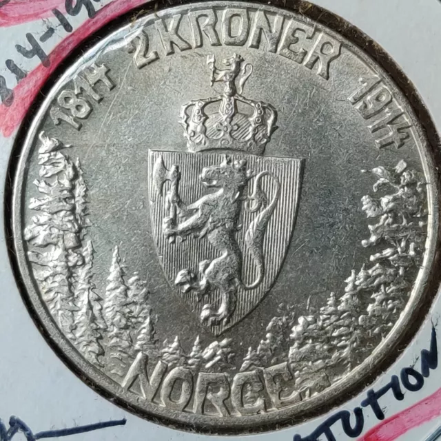 Norway 2 Silver Kroner 1914 Lustrous High Grade Scarce One-Year Type