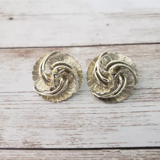 Vintage Clip On Earrings Swirling Leaves Circle Shape Gold Tone