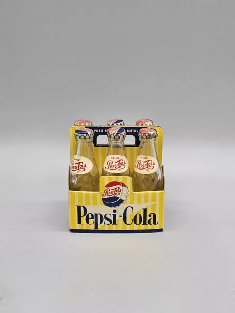 Vintage 1950s 6 Pepsi Cola Miniature Glass Bottles W/Carrying Case Mini 2.5"