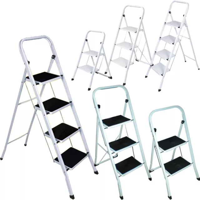 Folding Step Steel 2, 3 & 4 Ladder Non Slip Tread Stepladder Safety Kitchen