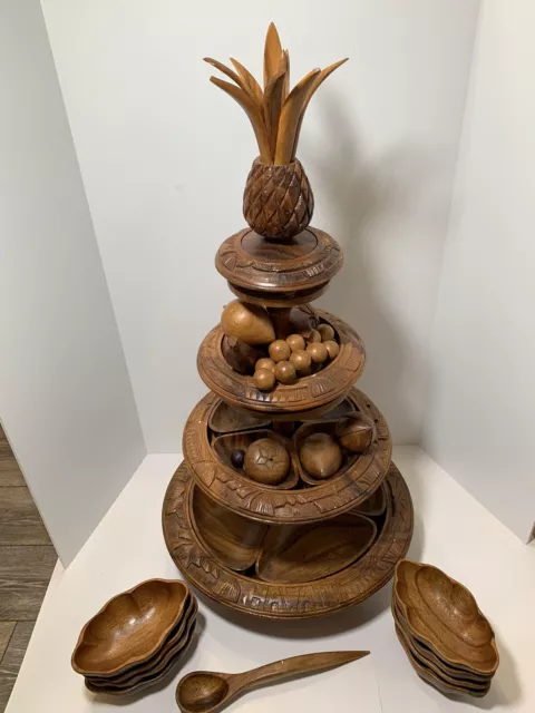 Vintage Wooden hand carved Hawaiian Centerpiece wood fruit bowls ladle pineapple