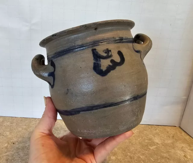 Antique German Salt glaze Westerwald Blue Decorated Handled Stoneware Crock 5.5"