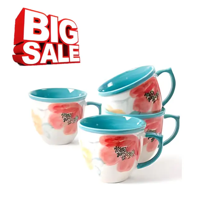 The Pioneer Woman Vintage Flea Market Floral Turquoise 16 Oz Coffee Cups Mugs 4