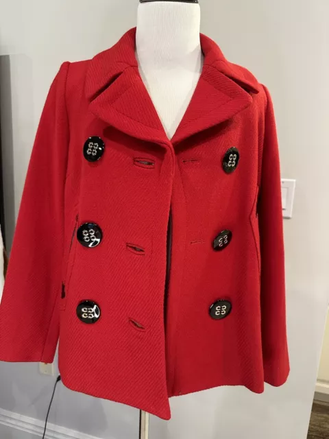 Milly New York Red Black Wool Womens Buttons  Pea Coat Jacket Size 2 Fits 4 EUC