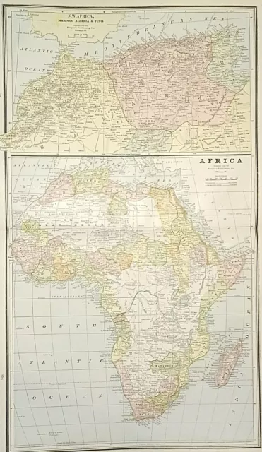 Old Antique 1887 Large Atlas Map ~ AFRICA - MOROCCO - ALGERIA - TUNIS ~ Free S&H