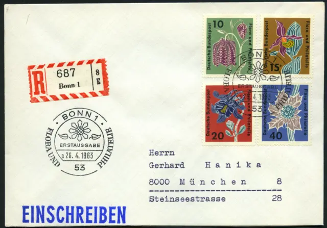 Bund 1963 "Flora und Philatelie", MiNr 392/5 Einschreib-FDC