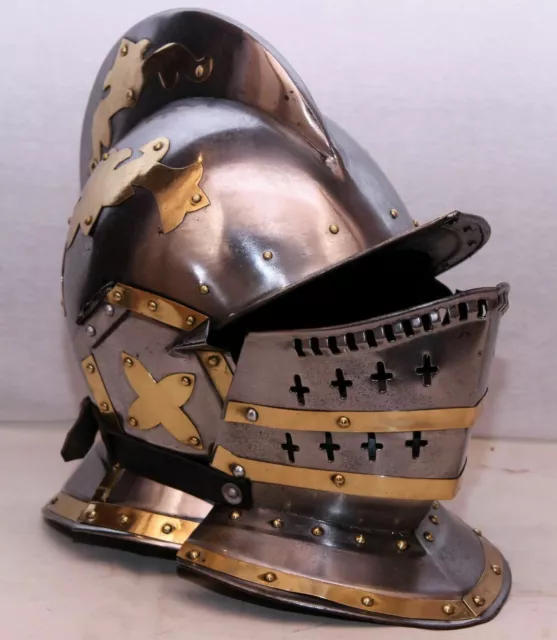 18ga Steel Medieval Knight Larp Warrior Brass Accent Burgonet Helmet