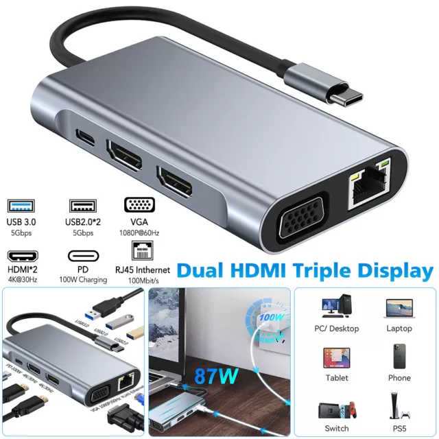 8 in 1 Laptop Docking Station Type-C Dual HDMI Hub Adapter USB-C Triple Display