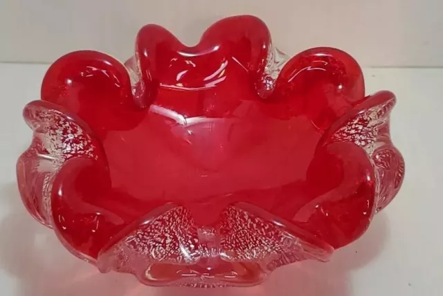 Murano Art Glass 5.5" Bowl Red & Silver Aventurine Flecked Trinket Candy Dish