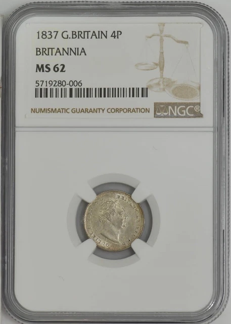 1837 Great Britain 4P Fourpence Britannia MS62 NGC 944051-6