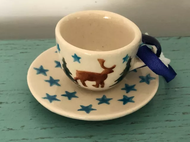 Unikat Polish Mini  Pottery Moose Cup Saucer Christmas Ornament NWOT Poland