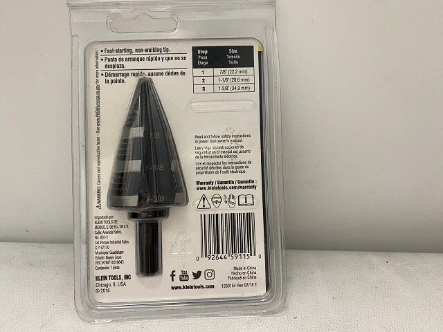 BRAND NEW!!! Klein Tools KTSB15 7/8", 1-1/8" for 1-3/8" Step Drill Bit #15 2