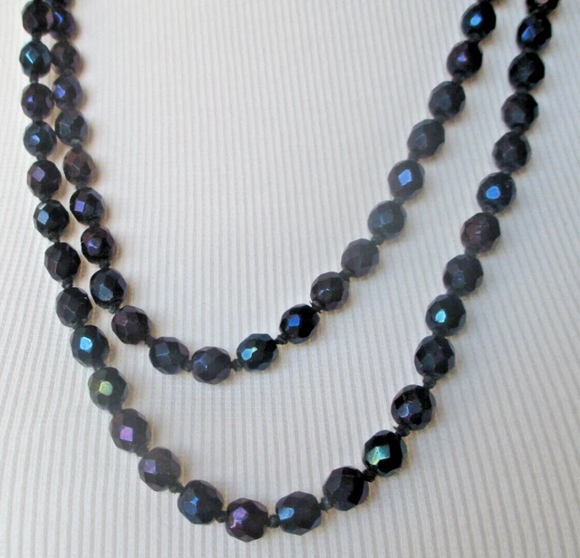 Ancien Collier Perles Cristal Noir Taillé à Facettes - Fermoir Joli, Style Circa 1900