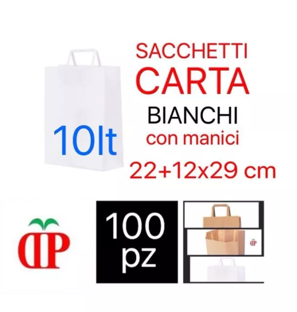 100 SACCHETTI CARTA BIANCHI CON MANICI SHOPPER BUSTE DI CARTA 22+10x29 cm 10lt