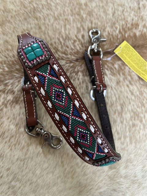 TEAL & PINK Beaded Western Leather WITHER STRAP For Breast Collar Horse Tack