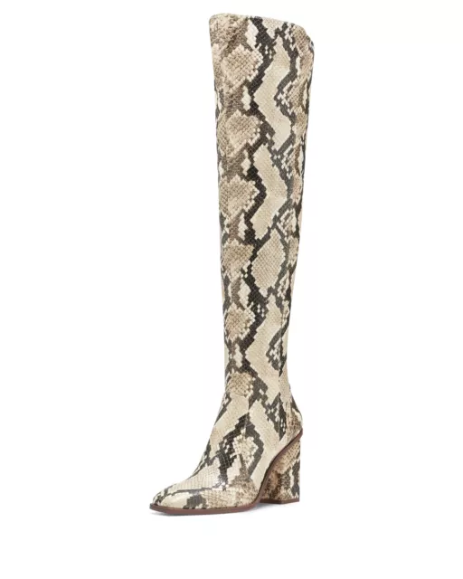 Vince Camuto Dreven Beige Snake Over The Knee Thigh High Block Heel Dress Boots