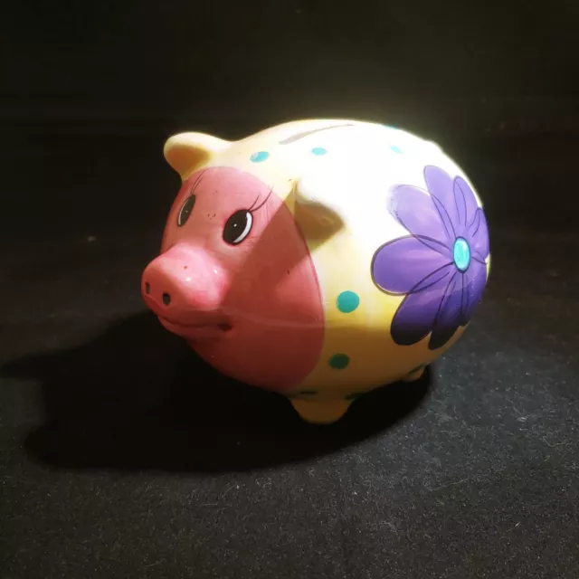 Cute Piggy Bank Small Ceramic Pink Yellow Purple Flowers Polkadot 5" Coins Money